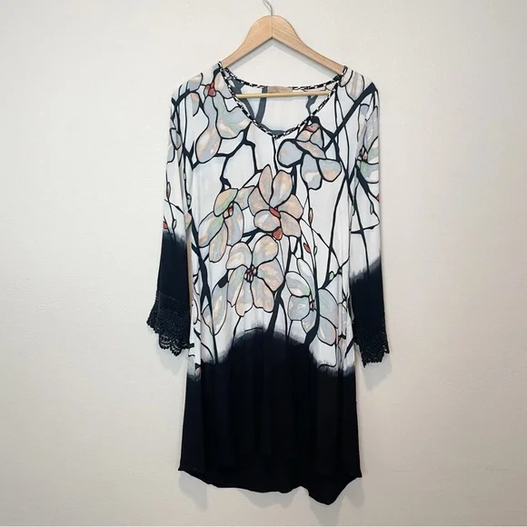 Language Floral Ombre V Neck Lace Trim Tunic Top Art to Wear Lagenlook Medium - Picture 1 of 6